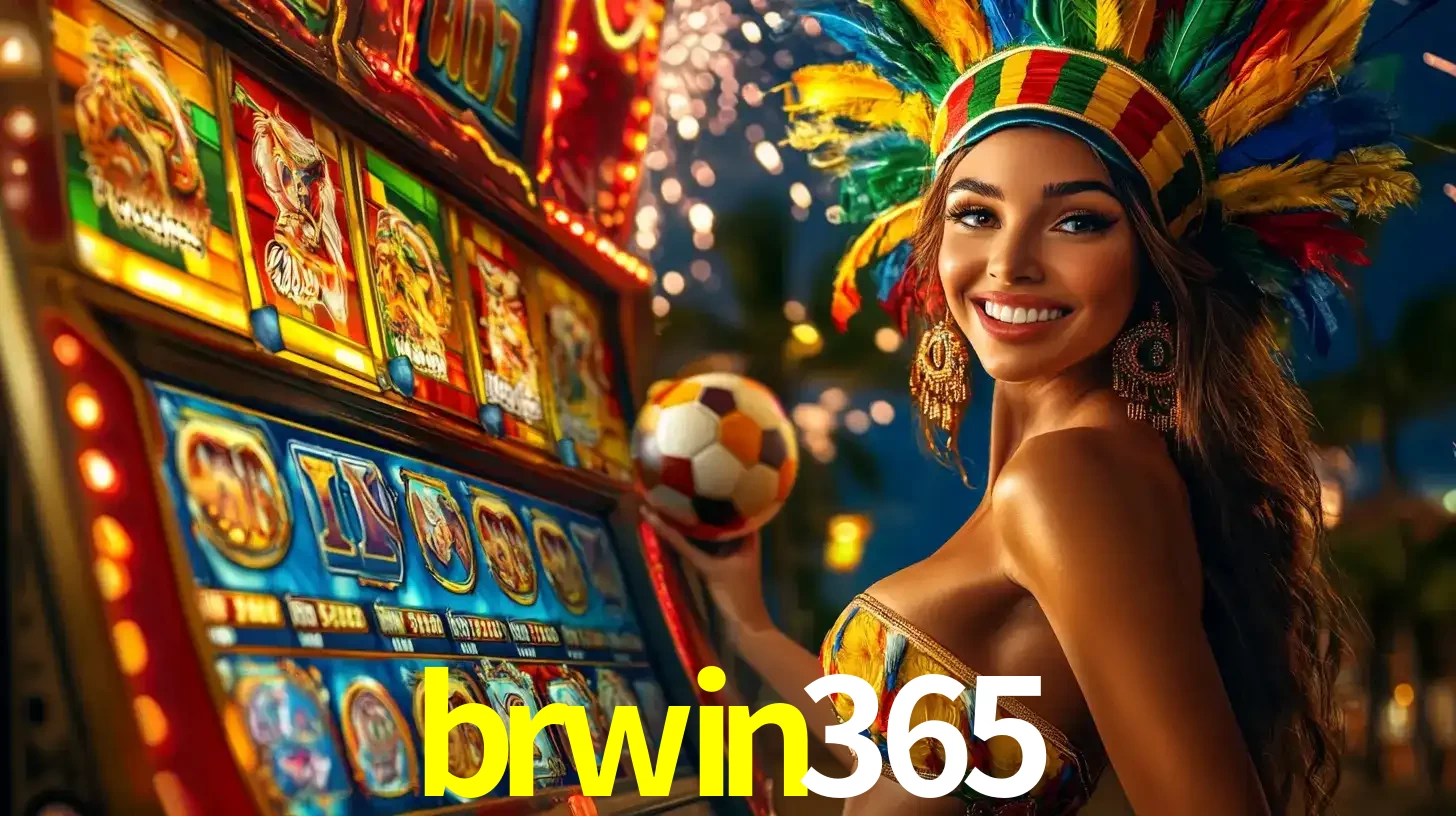 Mulher com um cocar de carnaval ao lado de uma máquina de caça-níqueis enquanto segura uma bola de futebol, mostrando a união da diversão de cassino e esportes no brwin365.