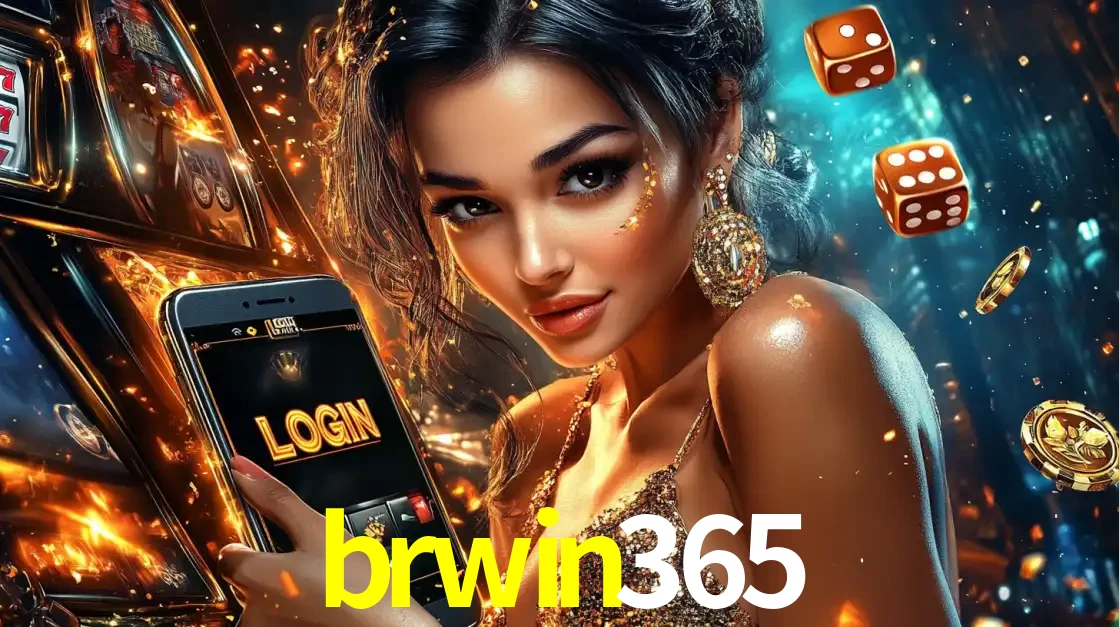 Mulher glamourosa segurando um celular com a tela de login do cassino brwin365, rodeada por dados e moedas douradas, pronta para começar a diversão.