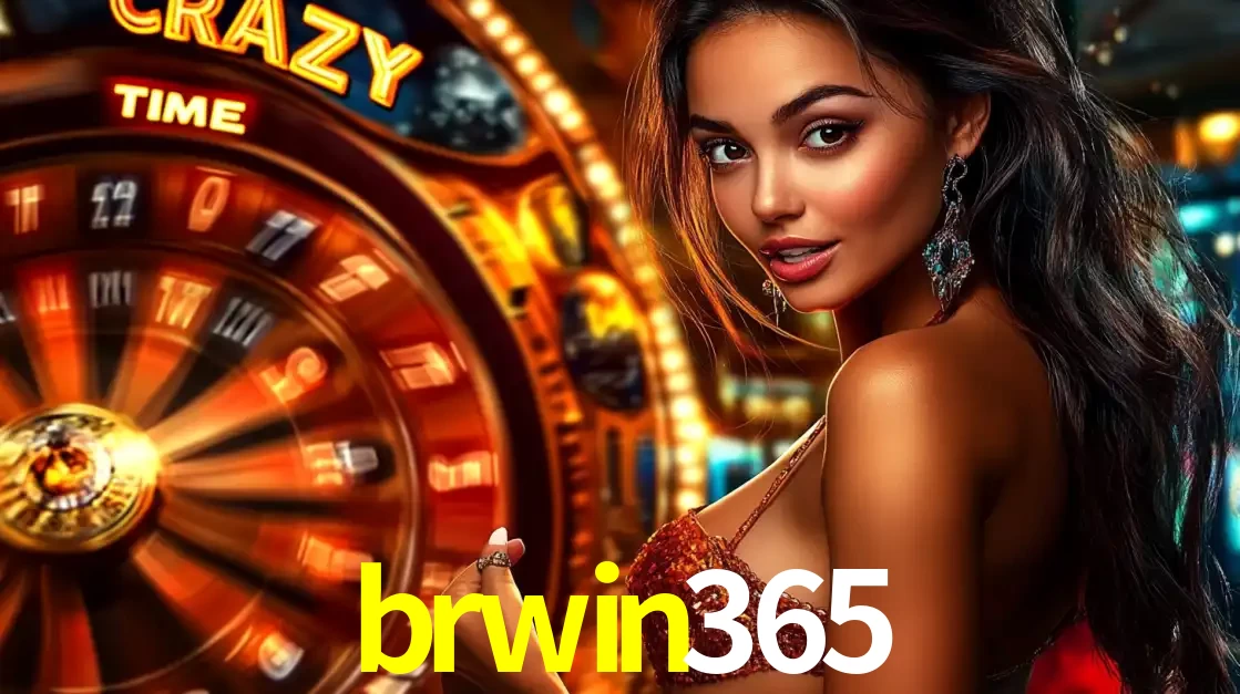 Mulher ao lado da roda de prêmios do jogo de cassino ao vivo Crazy Time, um dos shows de jogos mais emocionantes oferecidos pela plataforma de apostas brwin365.
