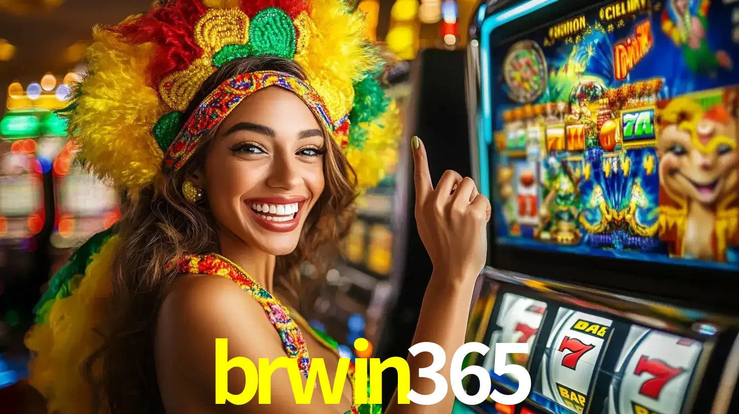 Mulher animada com um cocar de carnaval apontando para uma máquina de caça-níqueis, mostrando a emoção de ganhar um grande prêmio nos jogos do brwin365.