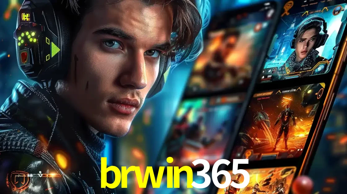 Jovem jogador com fones de ouvido olhando para a câmera, com um aplicativo de jogos e e-sports para celular ao fundo, pronto para a competição e apostas no brwin365.