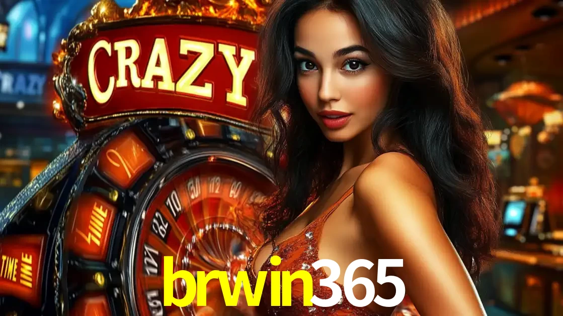 Mulher glamourosa olhando para a câmera com a roda vermelha do Crazy Time ao fundo em um ambiente de cassino, destacando a emoção dos jogos ao vivo no brwin365.