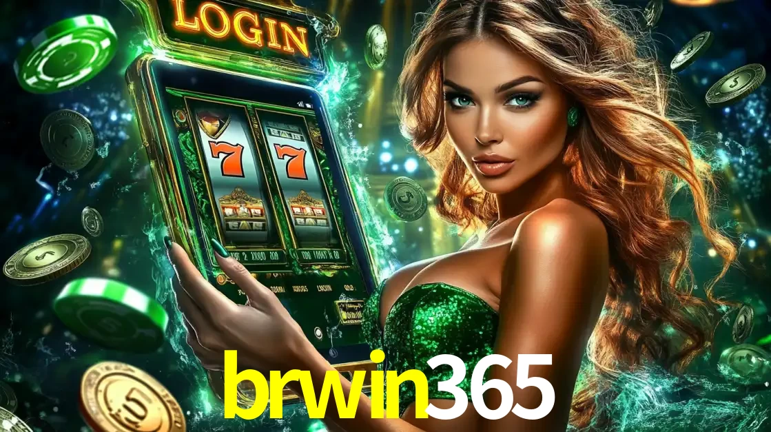 Mulher com tema verde apresentando o aplicativo do cassino brwin365 com um jogo de slot de 777, cercada por fichas de cassino e uma aura de sorte.