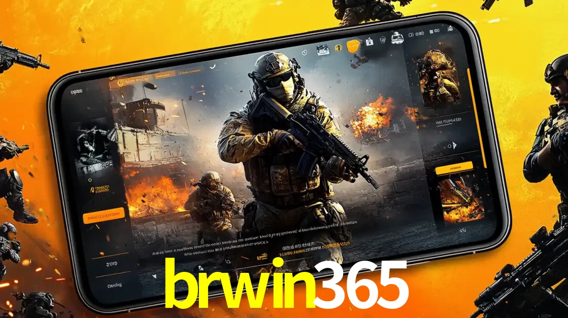 Um smartphone exibindo a interface de um jogo de tiro em primeira pessoa, com um soldado em um cenário de batalha, representando a ação dos e-sports para apostar no brwin365.