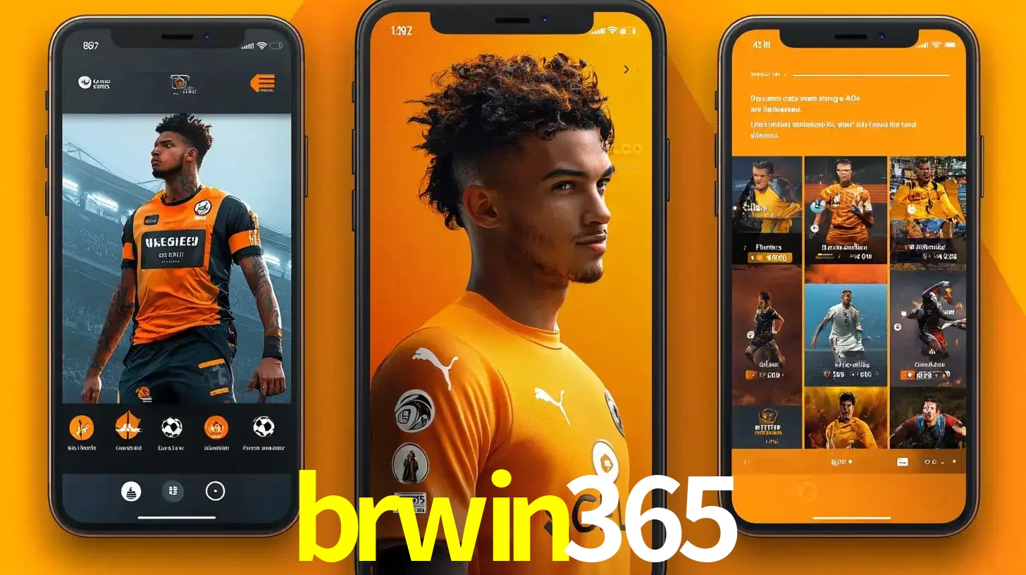 Interface do aplicativo de apostas esportivas brwin365 em três telas de celular, mostrando o perfil de um jogador de futebol e a lista de jogos disponíveis para apostar.