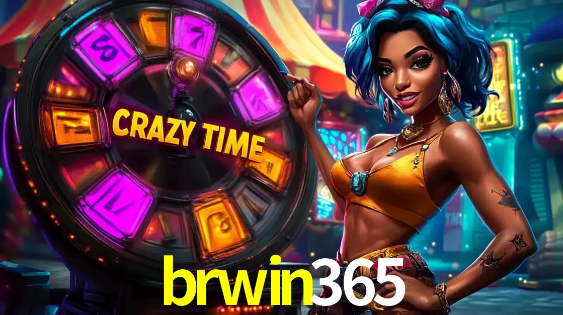 Mulher estilizada com cabelo azul e visual vibrante posando ao lado da roda de prêmios do game show Crazy Time, convidando para a diversão e os bônus do cassino brwin365.