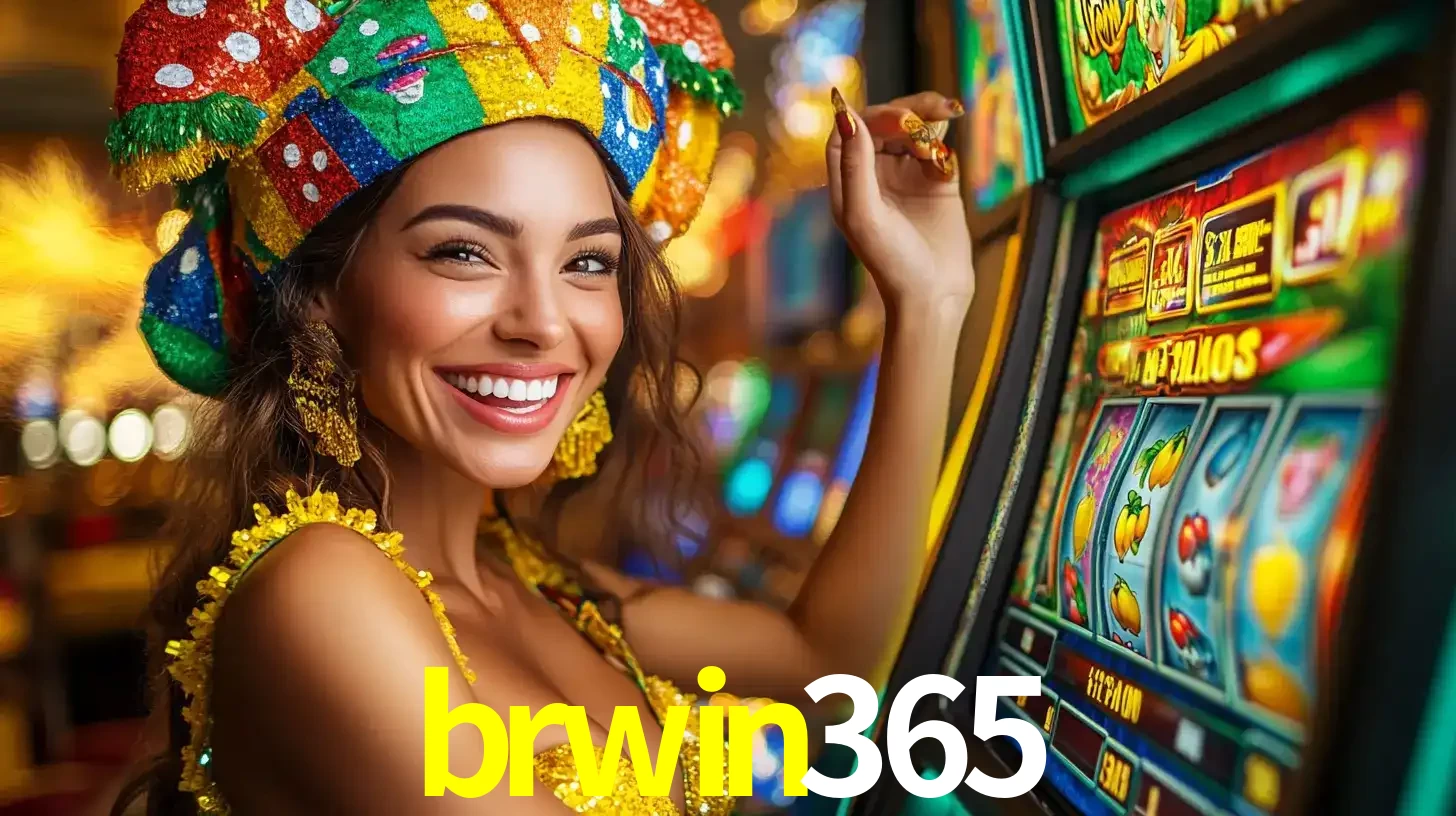 Mulher feliz com traje de carnaval amarelo e colorido ao lado de uma máquina de caça-níqueis, aproveitando a diversão e os jogos temáticos do cassino brwin365.