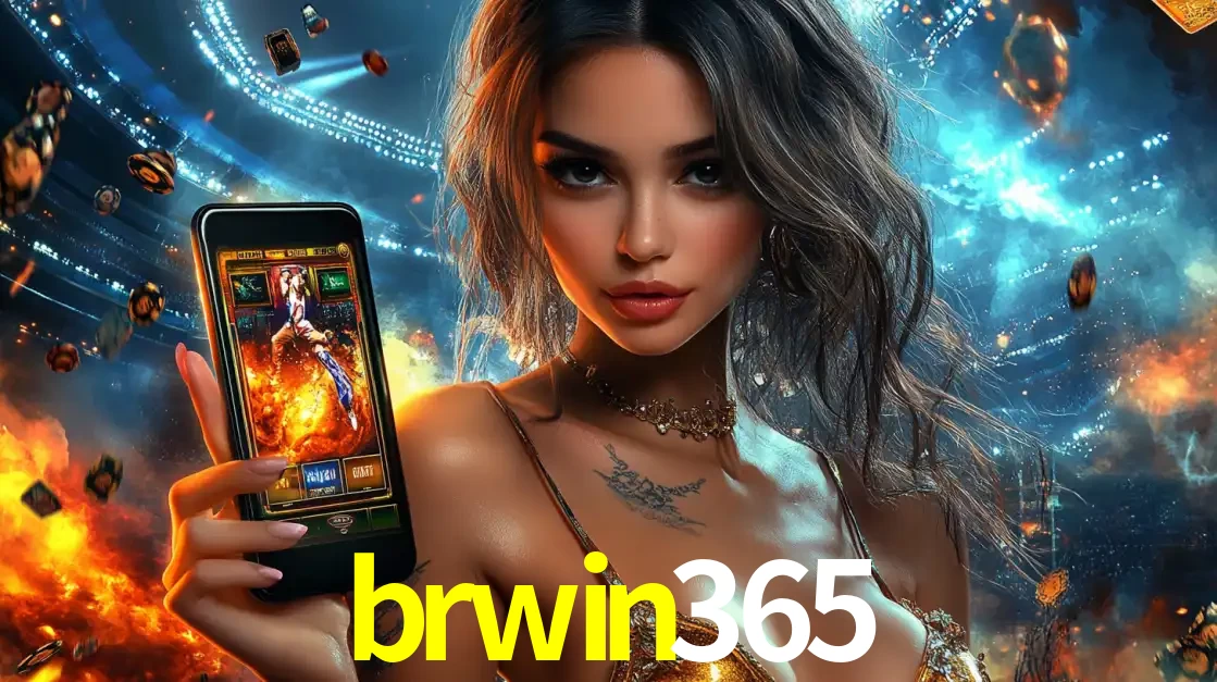 Mulher segurando um celular com um jogo de slot em destaque, tendo como fundo um estádio vibrante, simbolizando a emoção de jogar no cassino móvel brwin365.