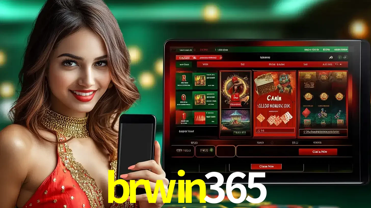 Mulher sorridente segurando um smartphone, ao lado de uma tela exibindo o lobby de jogos do cassino online brwin365, com várias opções de jogos de cartas e slots.